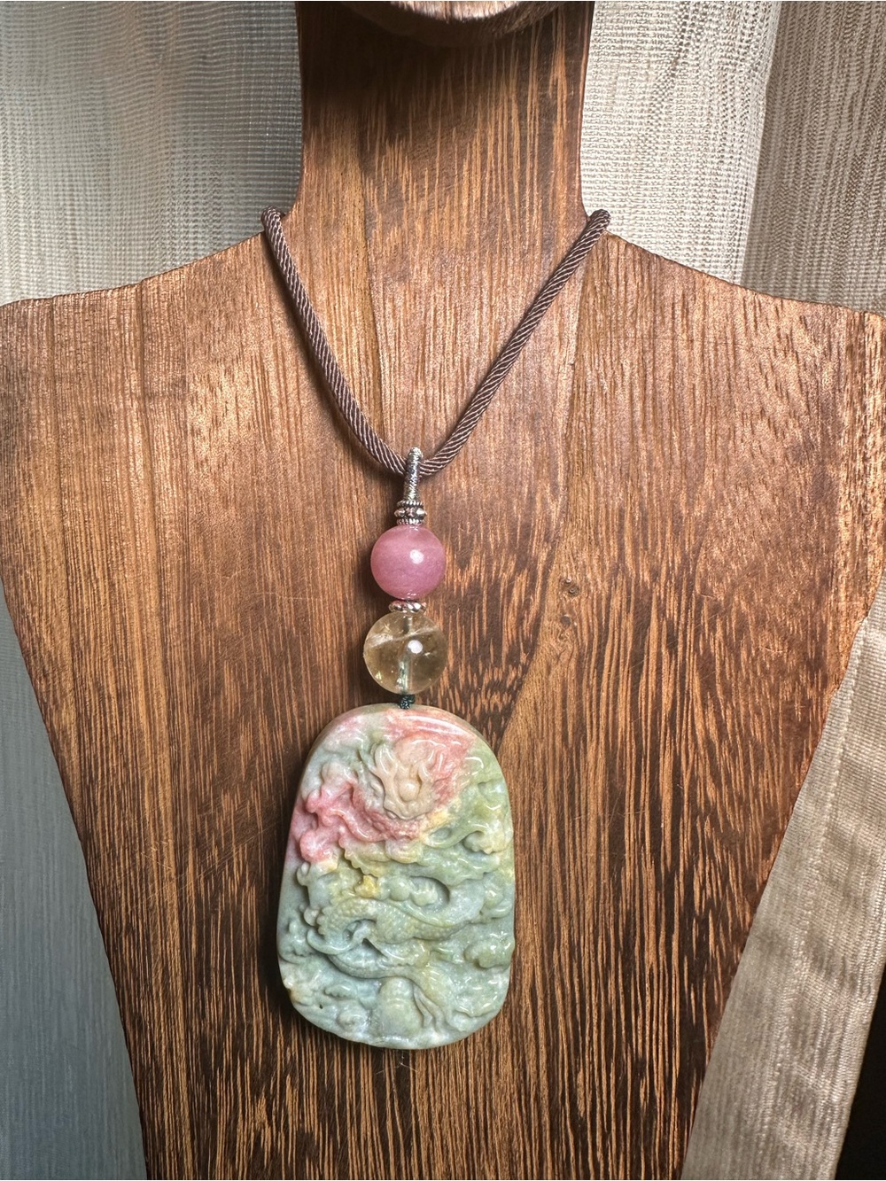 Ocean Jasper Dragon Pendant Necklace with Citrine and Rose Quartz on Brown Rope - Picture 11 of 16